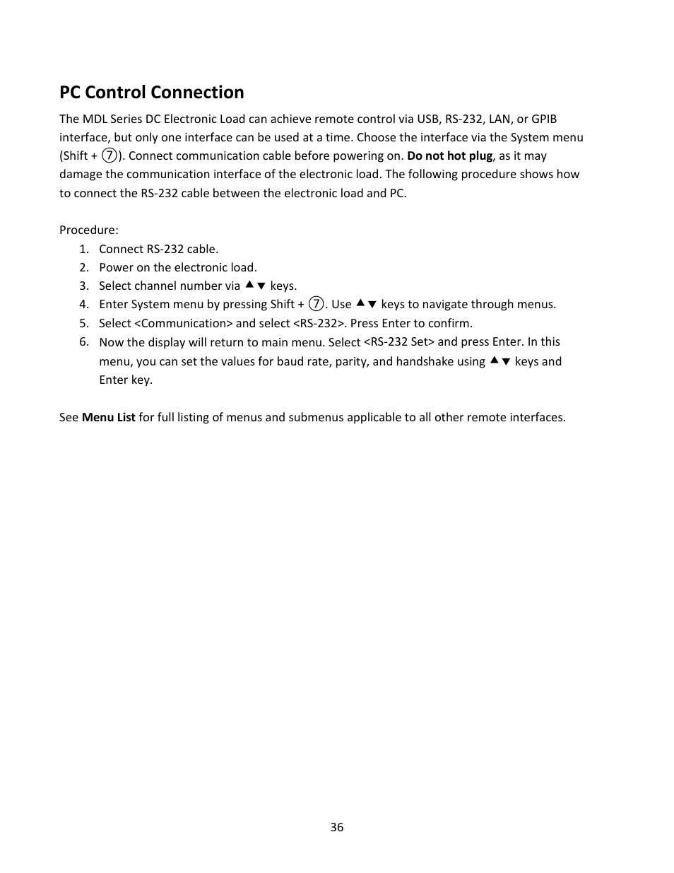 Pc control connection | B&K Precision MDL Series - Manual User Manual | Page 36 / 80