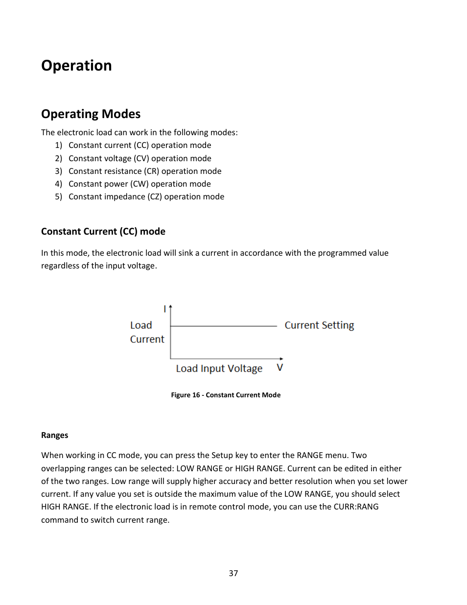 Operation, Operating modes, Constant current (cc) mode | B&K Precision MDL Series - Manual User Manual | Page 37 / 80