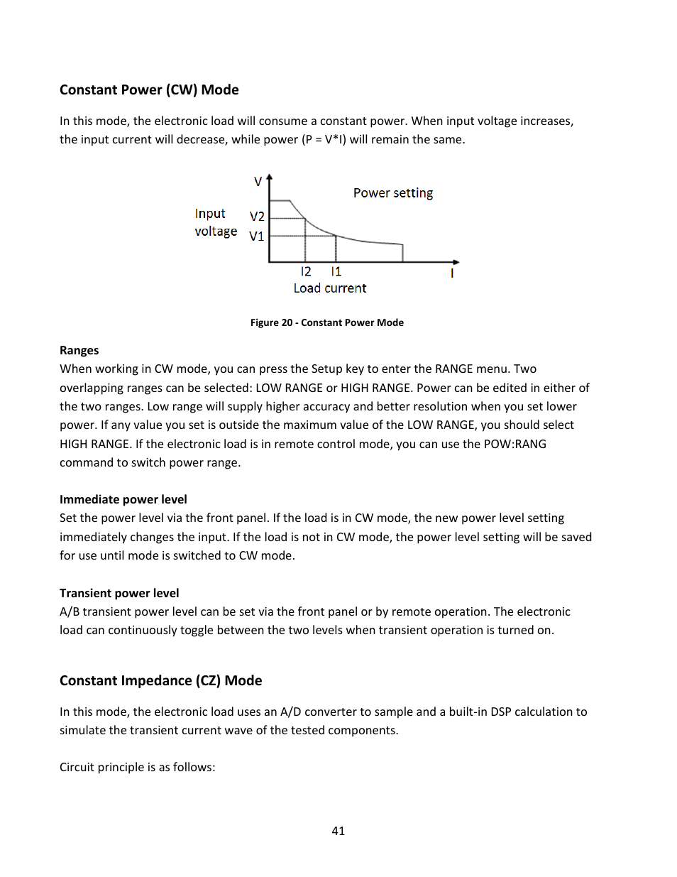 Constant power (cw) mode, Constant impedance (cz) mode | B&K Precision MDL Series - Manual User Manual | Page 41 / 80