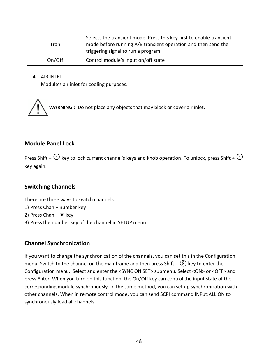 Module panel lock, Switching channels, Channel synchronization | Vfd indicator function description | B&K Precision MDL Series - Manual User Manual | Page 48 / 80