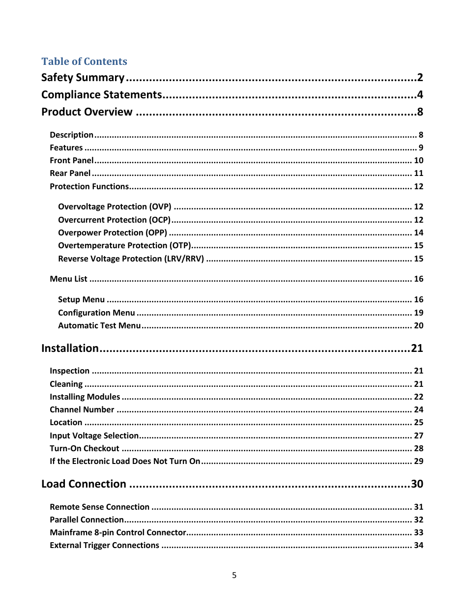 Safety summary, Compliance statements, Product overview | Installation, Load connection | B&K Precision MDL Series - Manual User Manual | Page 5 / 80