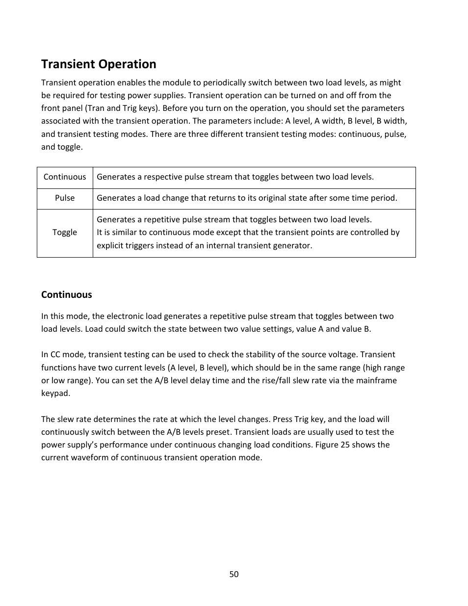 Transient operation, Continuous | B&K Precision MDL Series - Manual User Manual | Page 50 / 80