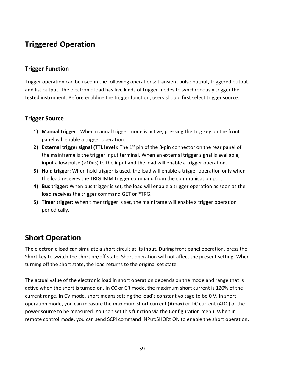 Triggered operation, Trigger function, Trigger source | Short operation | B&K Precision MDL Series - Manual User Manual | Page 59 / 80