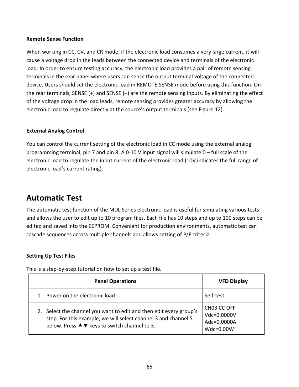 Remote sense function, External analog control, Automatic test | Setting up test files | B&K Precision MDL Series - Manual User Manual | Page 65 / 80