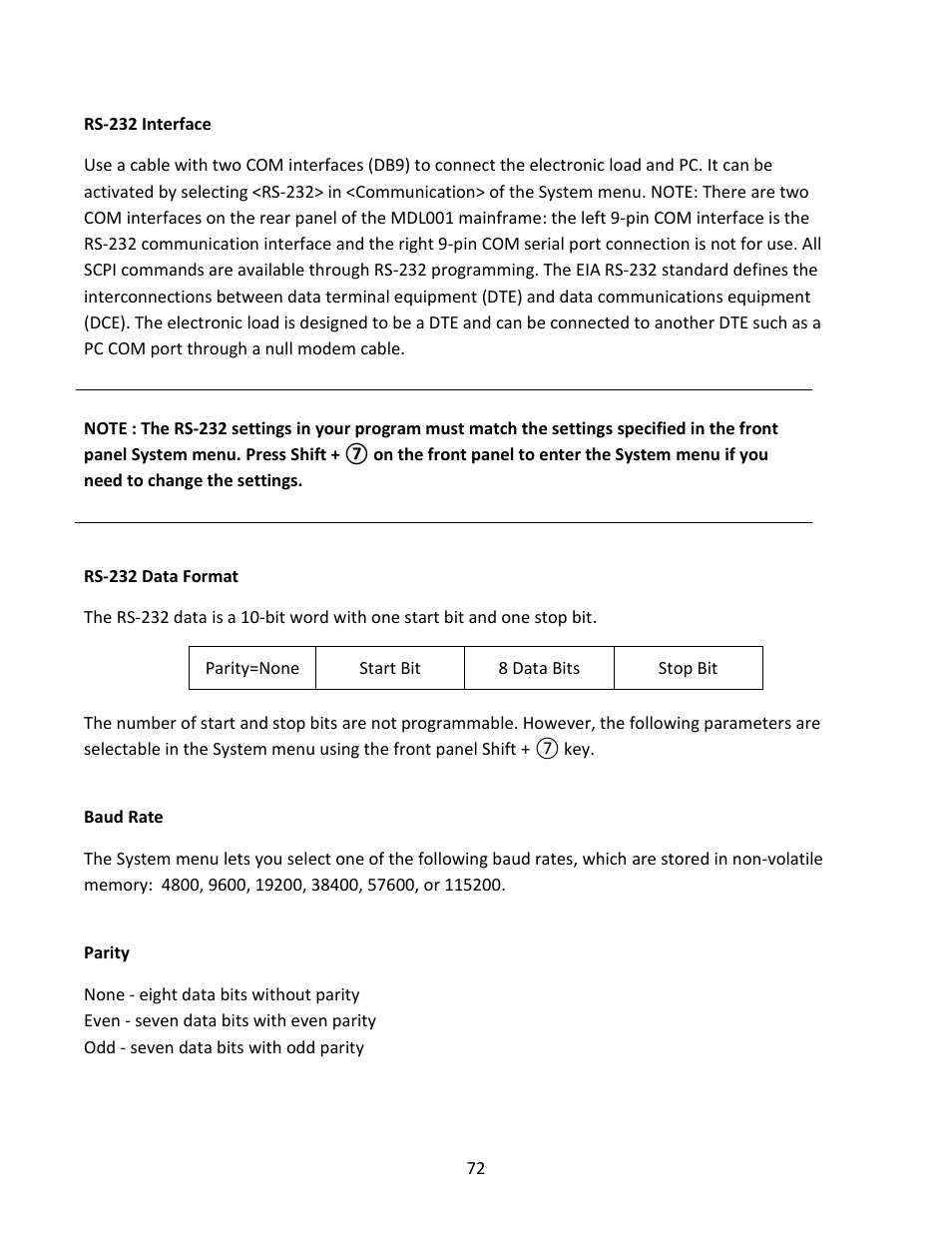 Rs-232 data format, Baud rate, Parity | B&K Precision MDL Series - Manual User Manual | Page 72 / 80