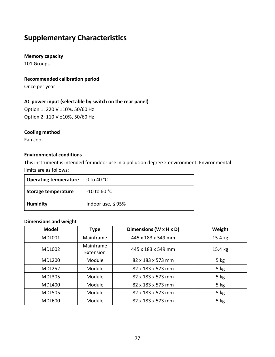 Supplementary characteristics, Service information | B&K Precision MDL Series - Manual User Manual | Page 77 / 80
