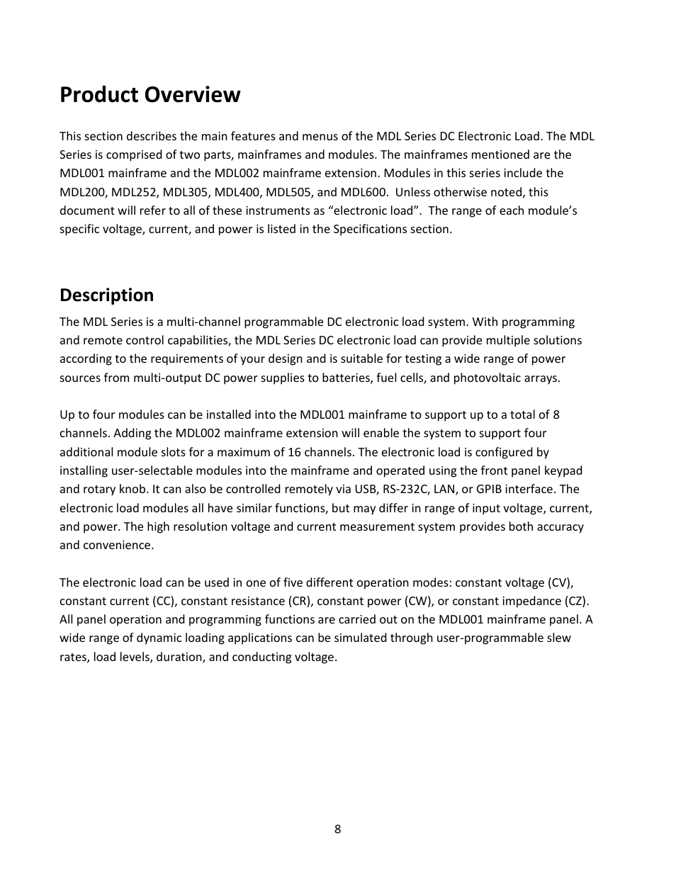 Description, Product overview | B&K Precision MDL Series - Manual User Manual | Page 8 / 80