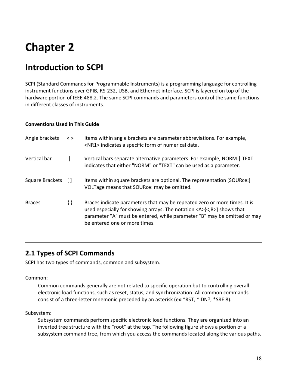Chapter 2, Introduction to scpi, 1 types of scpi commands | B&K Precision MDL Series - Programming Manual User Manual | Page 18 / 97