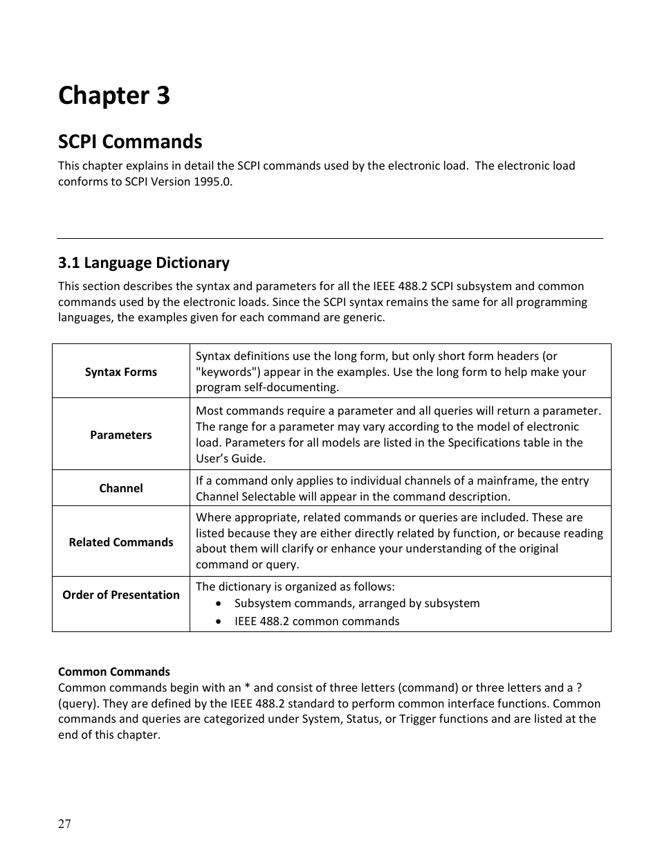 Chapter 3, Scpi commands, 1 language dictionary | B&K Precision MDL Series - Programming Manual User Manual | Page 27 / 97