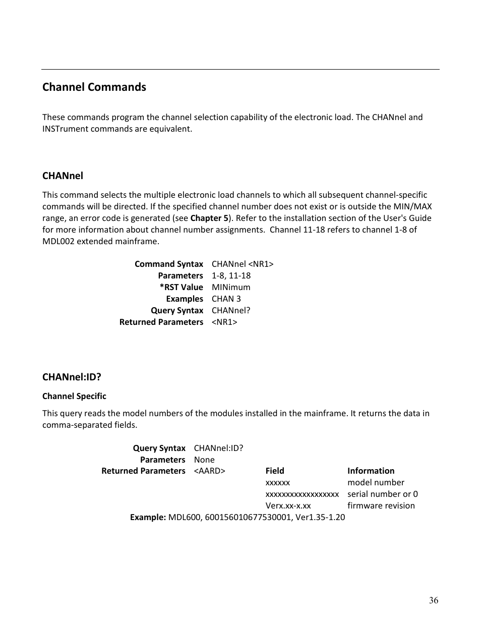 Channel commands | B&K Precision MDL Series - Programming Manual User Manual | Page 36 / 97