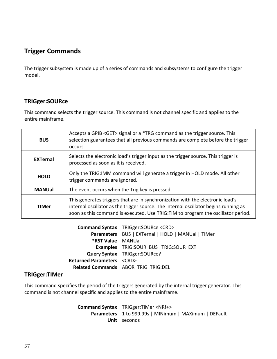 Trigger commands | B&K Precision MDL Series - Programming Manual User Manual | Page 37 / 97