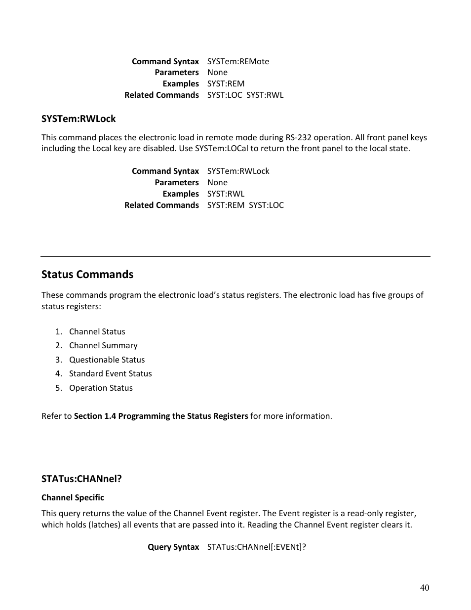 Status commands | B&K Precision MDL Series - Programming Manual User Manual | Page 40 / 97