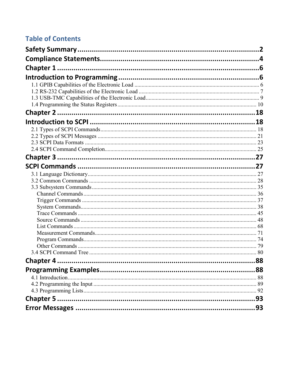 Table of contents safety summary, Compliance statements, Chapter 1 | Introduction to programming, Chapter 2, Introduction to scpi, Chapter 3, Scpi commands, Chapter 4, Programming examples | B&K Precision MDL Series - Programming Manual User Manual | Page 5 / 97
