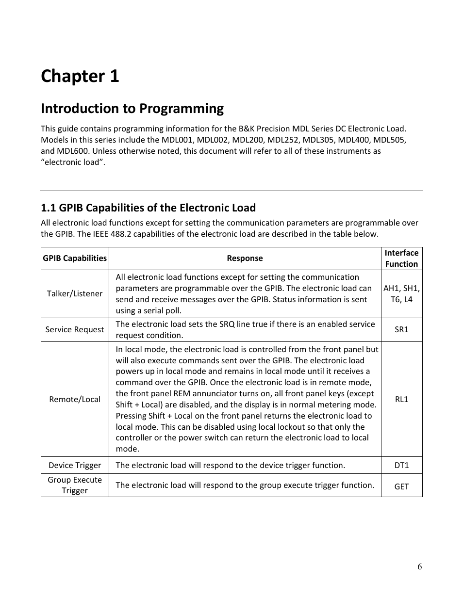 Chapter 1, Introduction to programming, 1 gpib capabilities of the electronic load | B&K Precision MDL Series - Programming Manual User Manual | Page 6 / 97