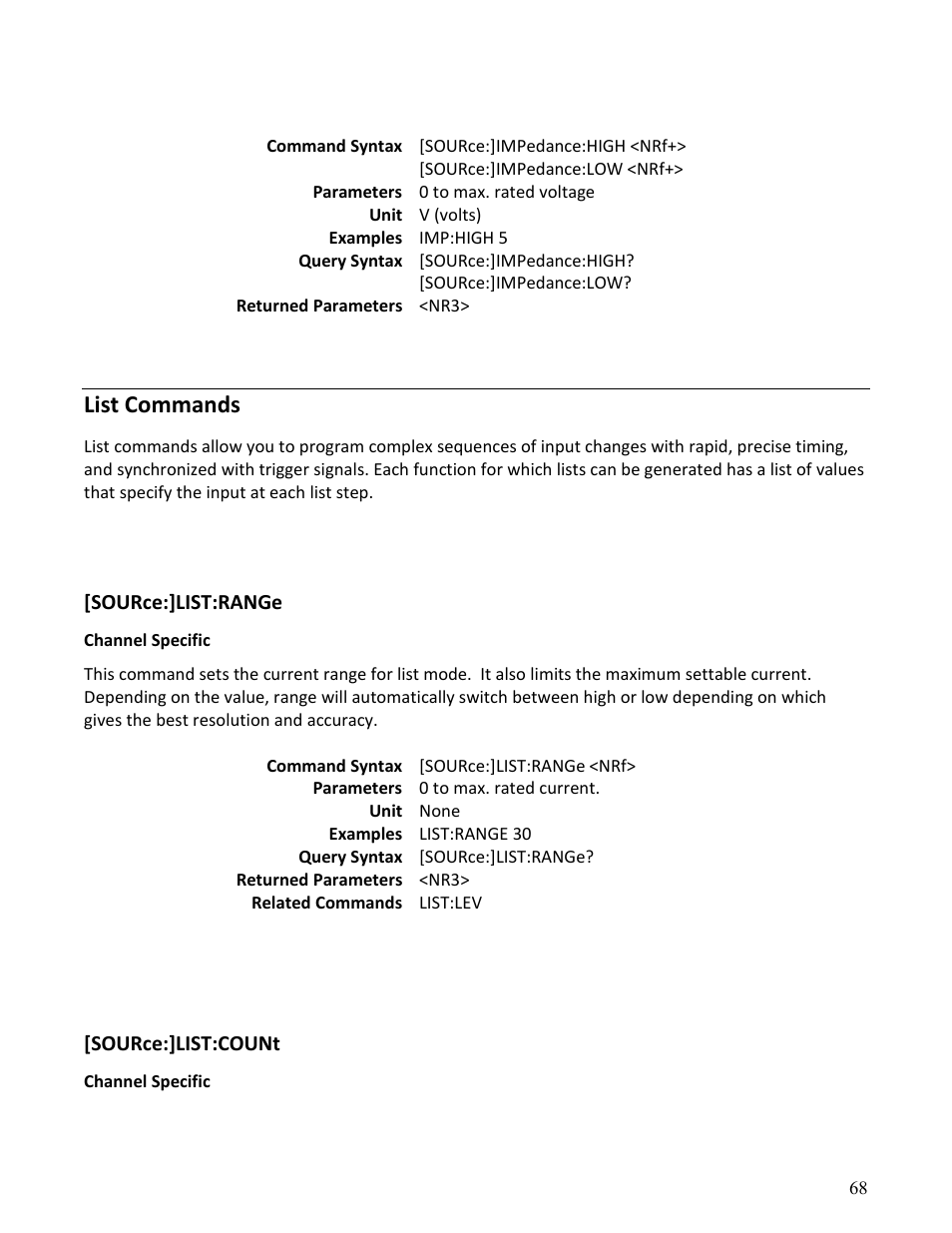 List commands | B&K Precision MDL Series - Programming Manual User Manual | Page 68 / 97