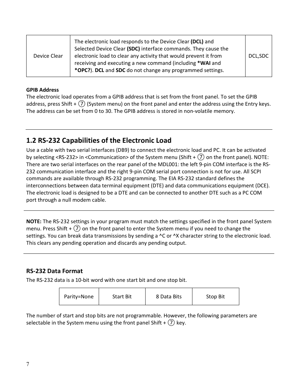 2 rs-232 capabilities of the electronic load, Rs-232 data format | B&K Precision MDL Series - Programming Manual User Manual | Page 7 / 97