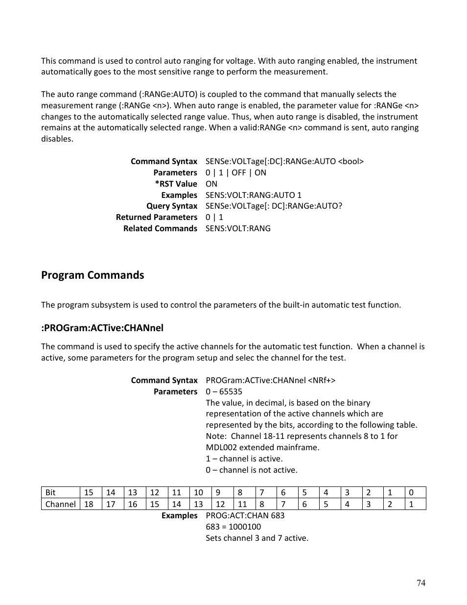 Program commands | B&K Precision MDL Series - Programming Manual User Manual | Page 74 / 97