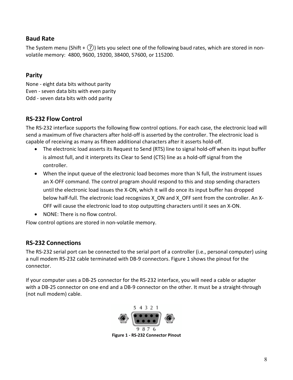 Baud rate, Parity, Rs-232 flow control | Rs-232 connections | B&K Precision MDL Series - Programming Manual User Manual | Page 8 / 97
