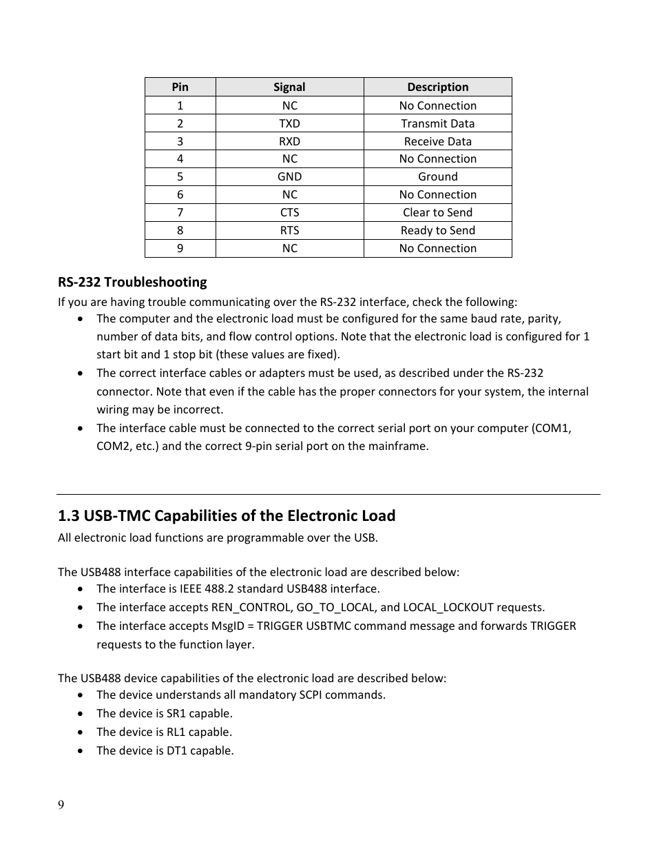 Rs-232 troubleshooting, 3 usb-tmc capabilities of the electronic load | B&K Precision MDL Series - Programming Manual User Manual | Page 9 / 97