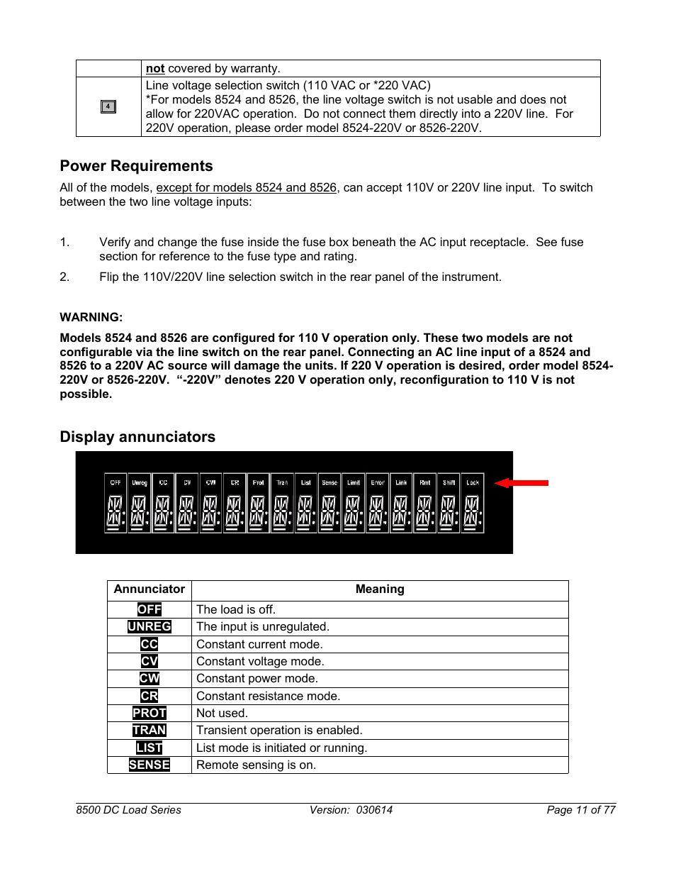 Power requirements, Display annunciators | B&K Precision 8500-8526 - Manual User Manual | Page 11 / 77