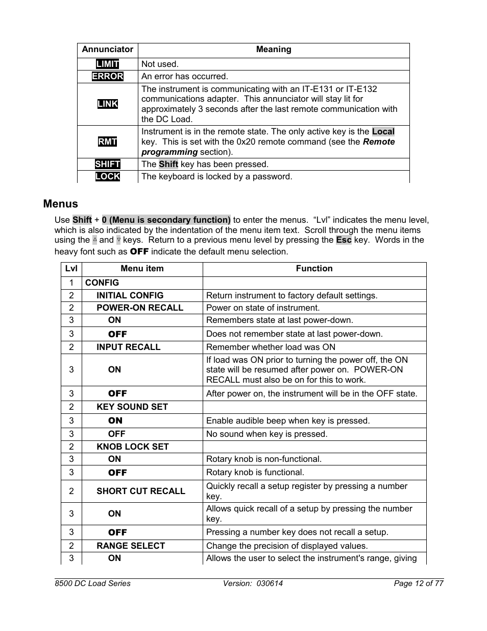 Menus | B&K Precision 8500-8526 - Manual User Manual | Page 12 / 77