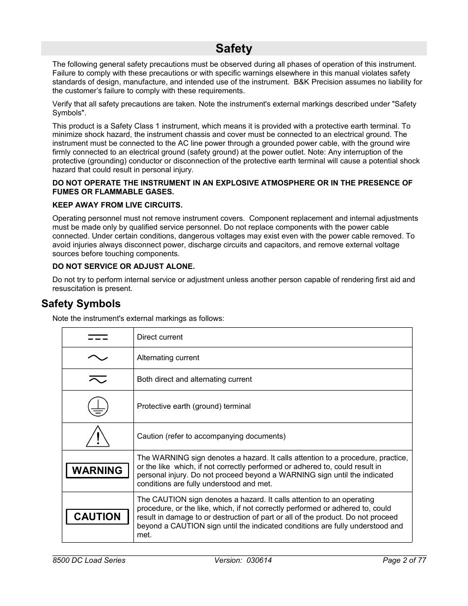 Safety, Safety symbols, Warning | Caution | B&K Precision 8500-8526 - Manual User Manual | Page 2 / 77