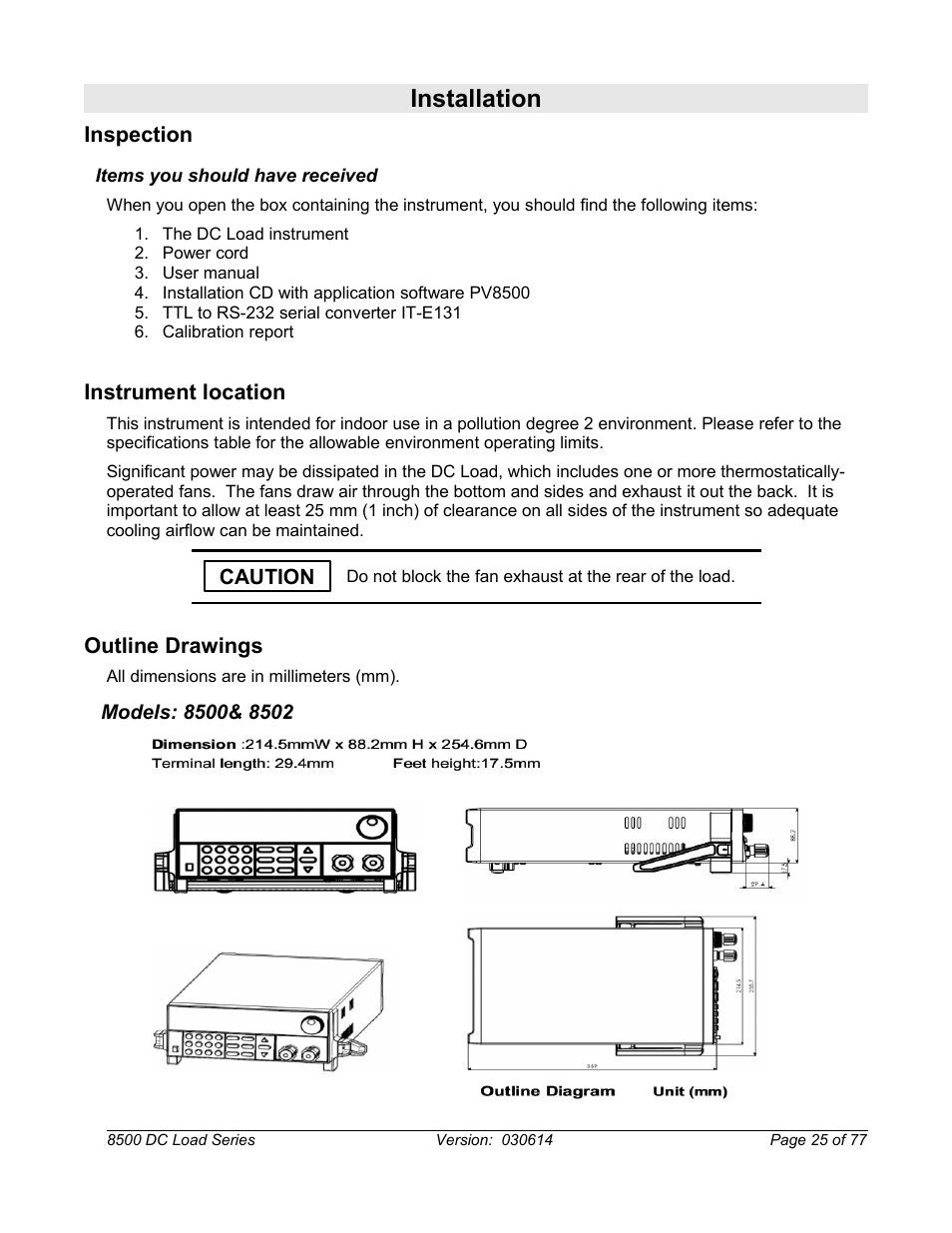 Installation, Inspection, Items you should have received | Instrument location, Outline drawings, Models: 8500& 8502 | B&K Precision 8500-8526 - Manual User Manual | Page 25 / 77