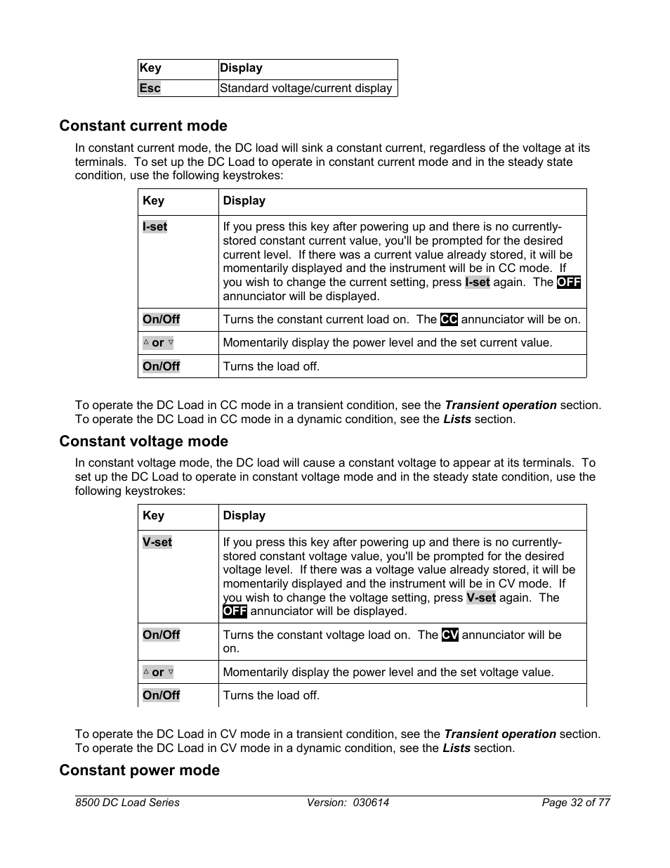 Constant current mode, Constant voltage mode, Constant power mode | B&K Precision 8500-8526 - Manual User Manual | Page 32 / 77