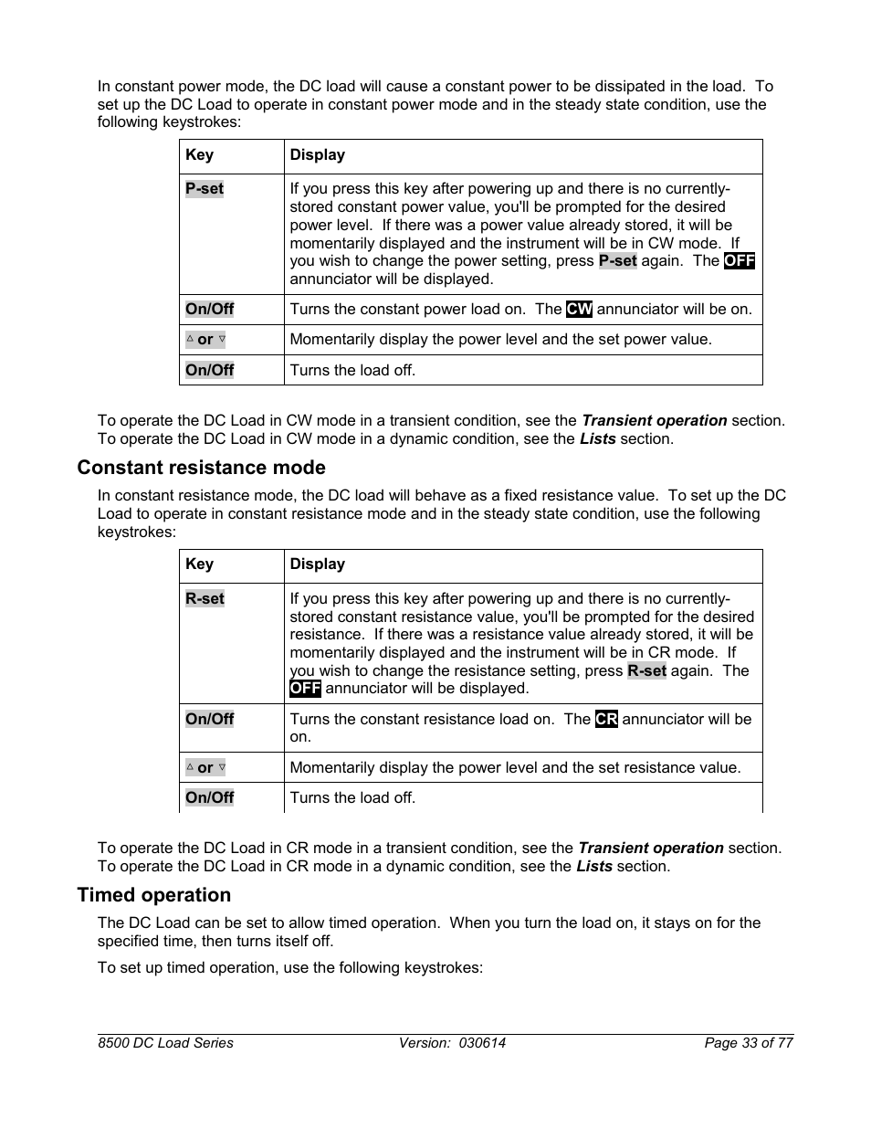 Constant resistance mode, Timed operation | B&K Precision 8500-8526 - Manual User Manual | Page 33 / 77