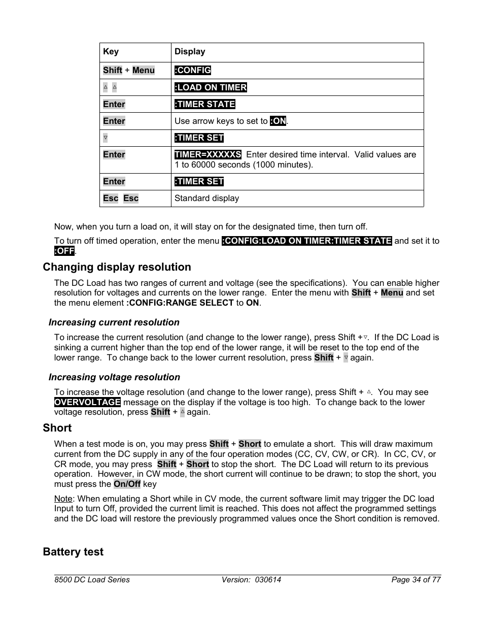Changing display resolution, Increasing current resolution, Increasing voltage resolution | Short, Battery test | B&K Precision 8500-8526 - Manual User Manual | Page 34 / 77