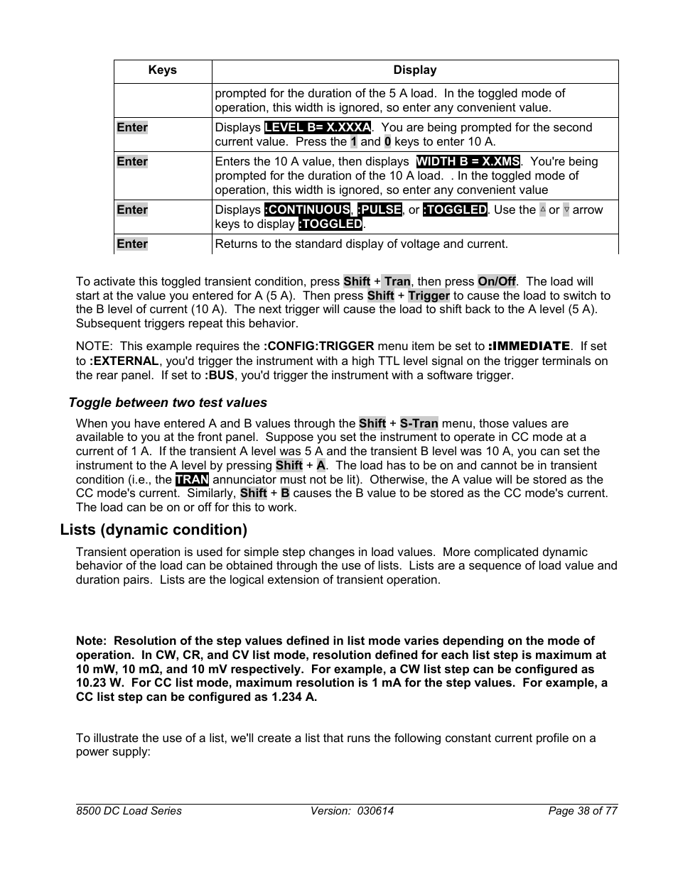 Toggle between two test values, Lists (dynamic condition) | B&K Precision 8500-8526 - Manual User Manual | Page 38 / 77