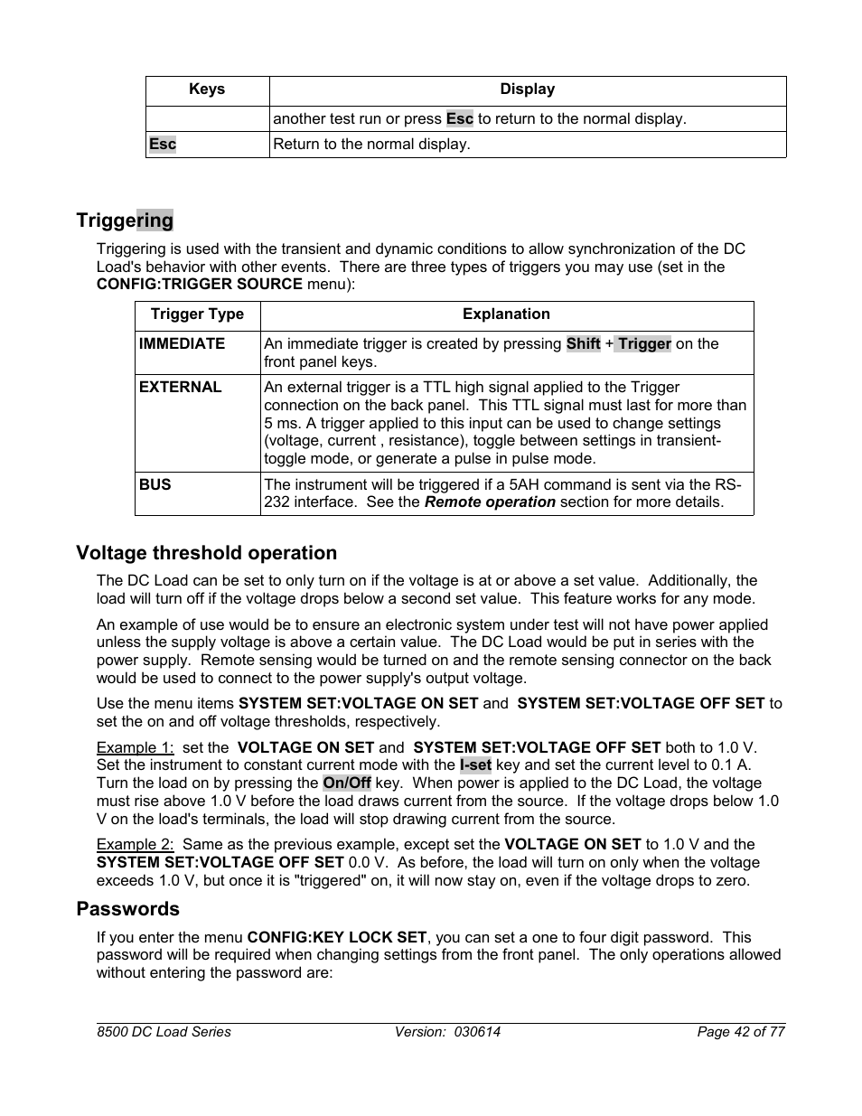 Triggering, Voltage threshold operation, Passwords | B&K Precision 8500-8526 - Manual User Manual | Page 42 / 77