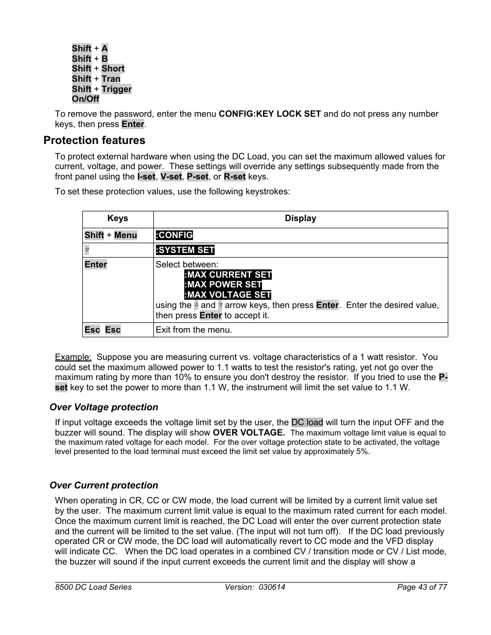 Protection features, Over voltage protection, Over current protection | B&K Precision 8500-8526 - Manual User Manual | Page 43 / 77