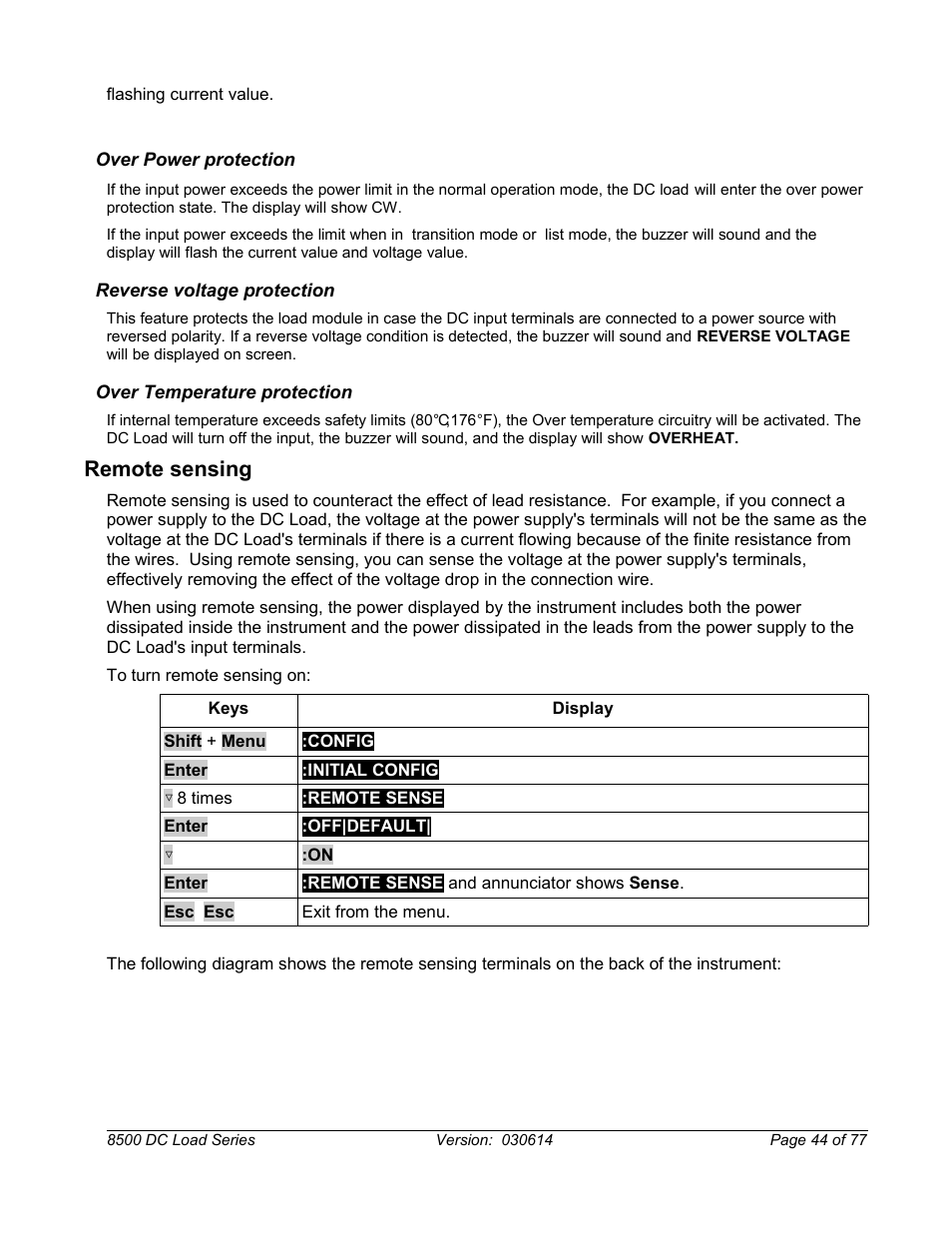 Over power protection, Reverse voltage protection, Over temperature protection | Remote sensing | B&K Precision 8500-8526 - Manual User Manual | Page 44 / 77