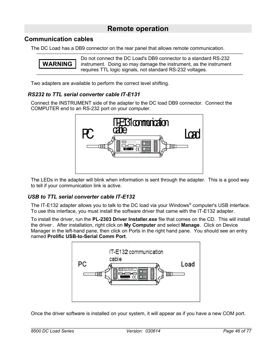 Remote operation, Communication cables, Rs232 to ttl serial converter cable it-e131 | Usb to ttl serial converter cable it-e132, Pc load, It-e131 communication cable, Warning | B&K Precision 8500-8526 - Manual User Manual | Page 46 / 77