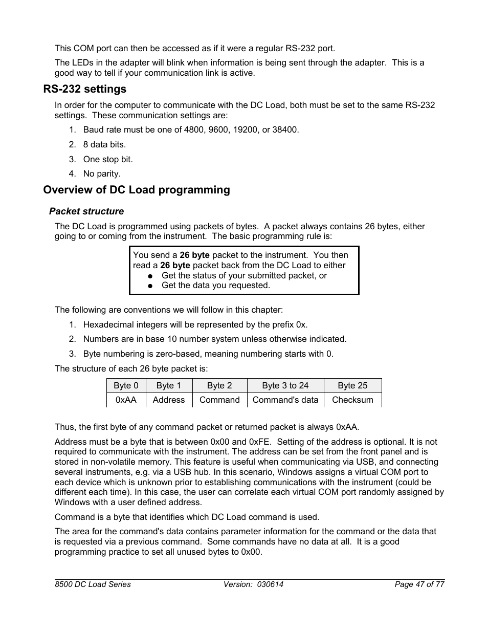 Rs-232 settings, Overview of dc load programming, Packet structure | B&K Precision 8500-8526 - Manual User Manual | Page 47 / 77