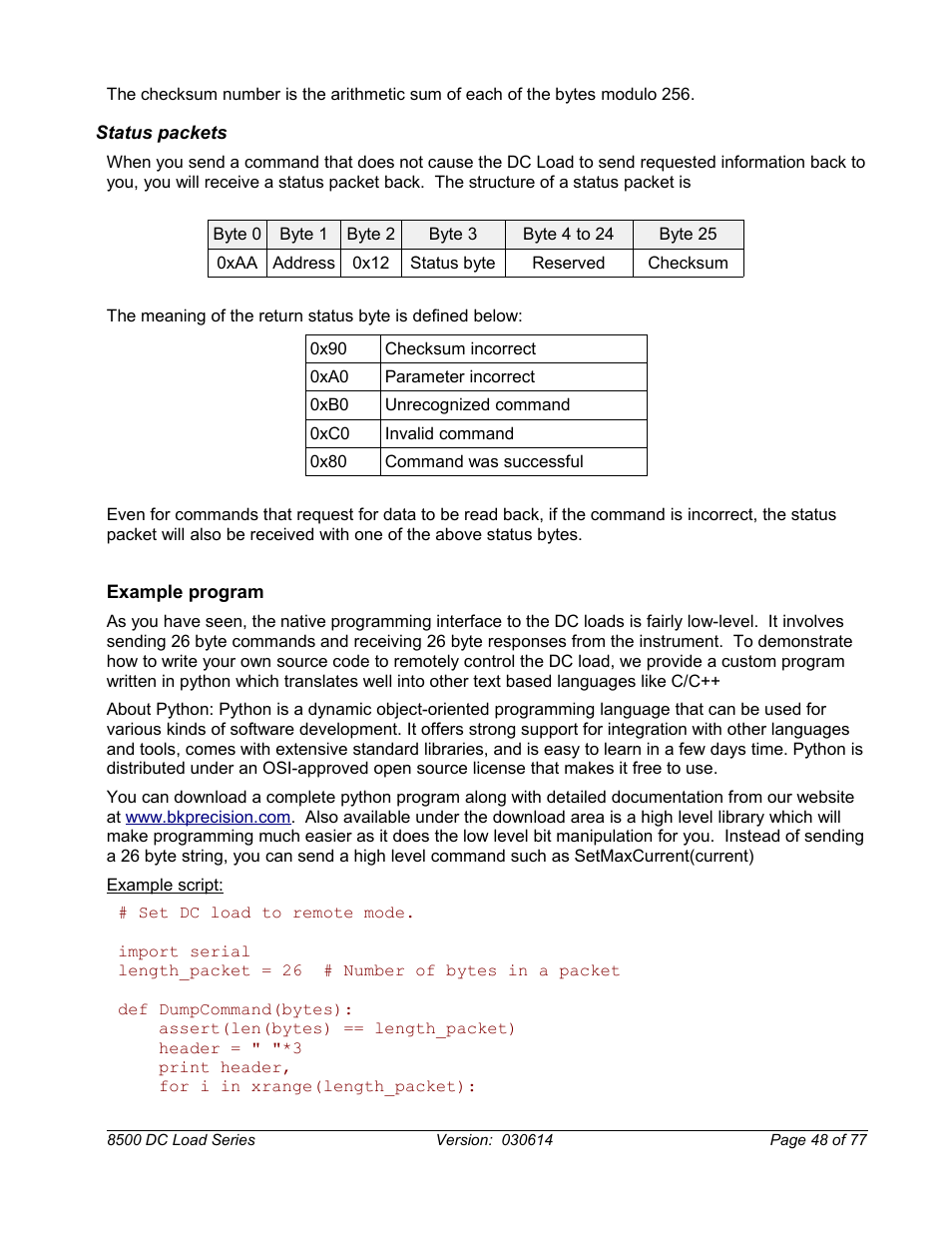 Status packets | B&K Precision 8500-8526 - Manual User Manual | Page 48 / 77