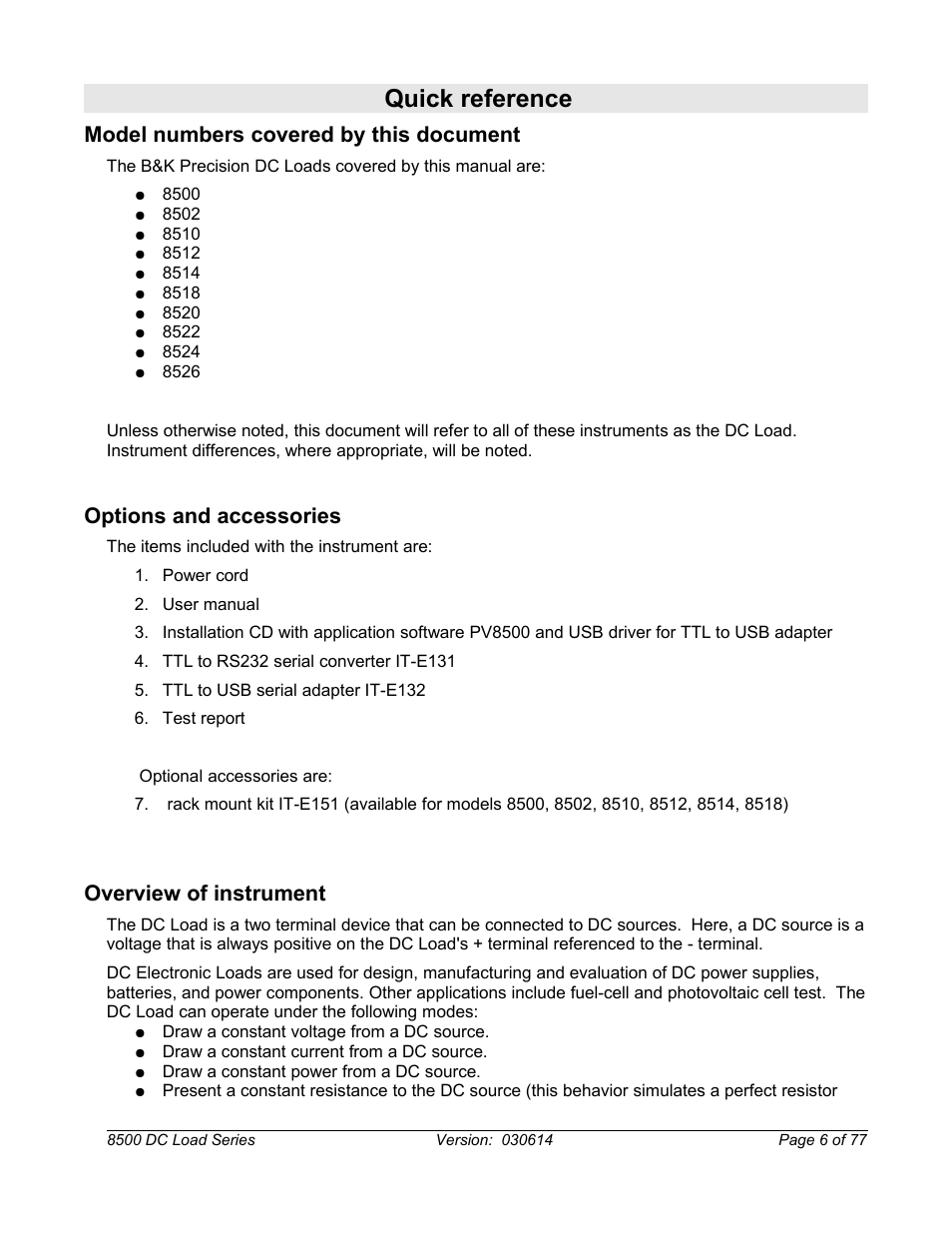 Quick reference, Model numbers covered by this document, Options and accessories | Overview of instrument | B&K Precision 8500-8526 - Manual User Manual | Page 6 / 77