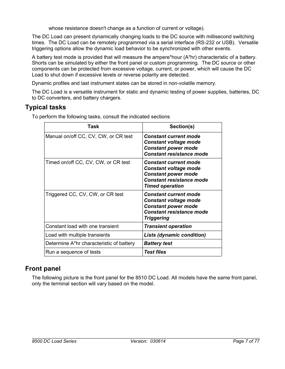 Typical tasks, Front panel | B&K Precision 8500-8526 - Manual User Manual | Page 7 / 77