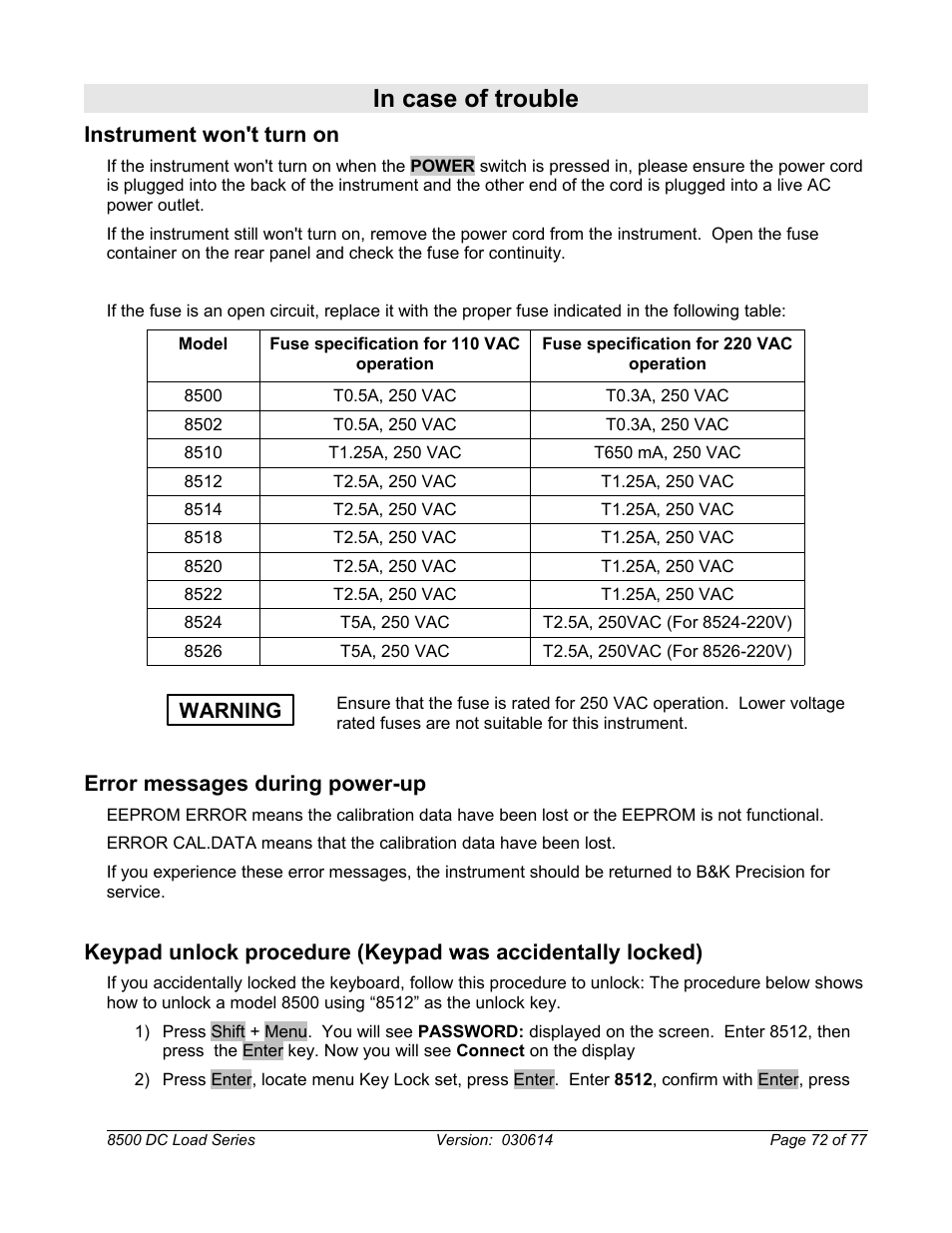 In case of trouble, Instrument won't turn on, Error messages during power-up | Warning | B&K Precision 8500-8526 - Manual User Manual | Page 72 / 77