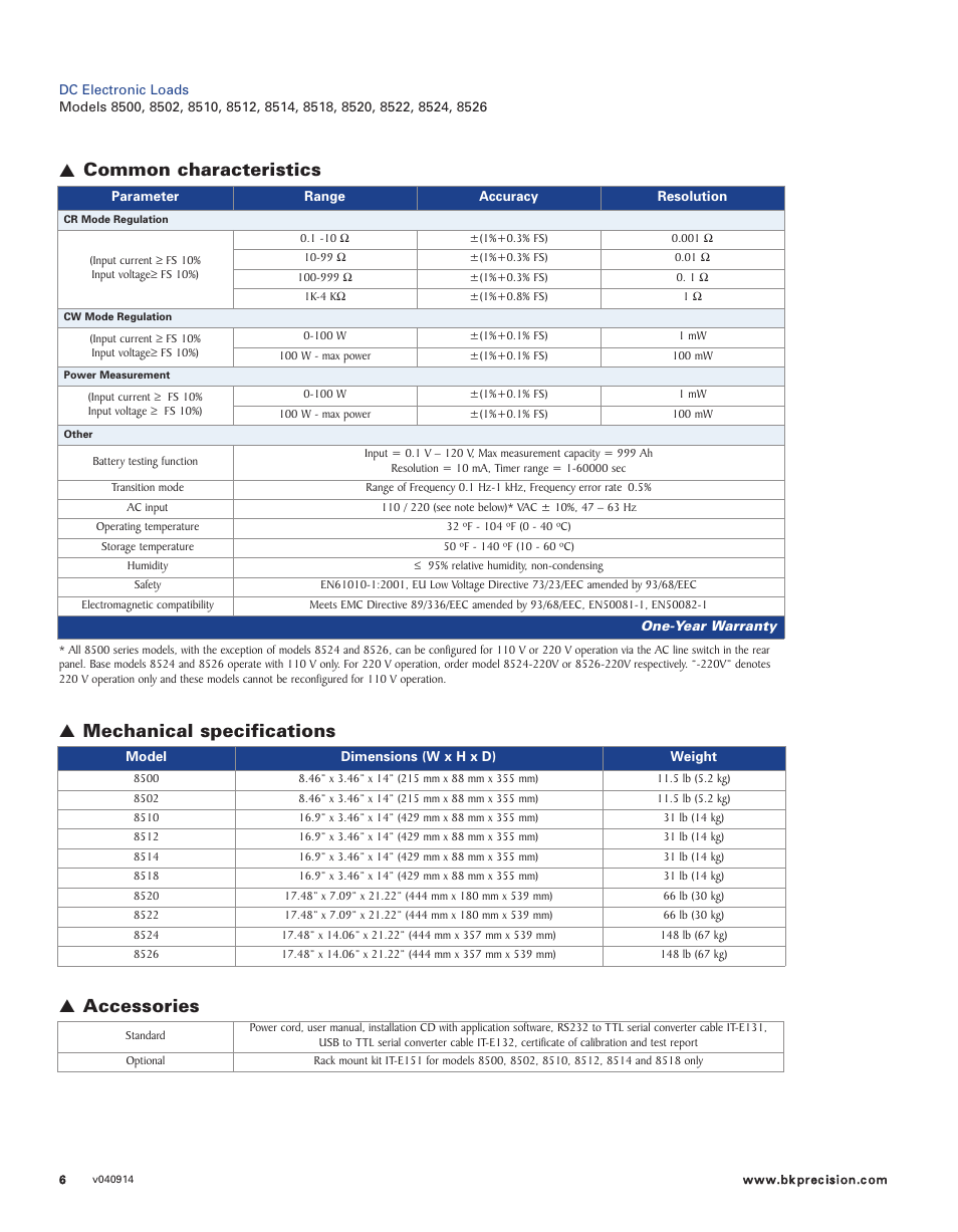 Common characteristics, Mechanical specifications accessories | B&K Precision 8500 Series - Datasheet User Manual | Page 6 / 6