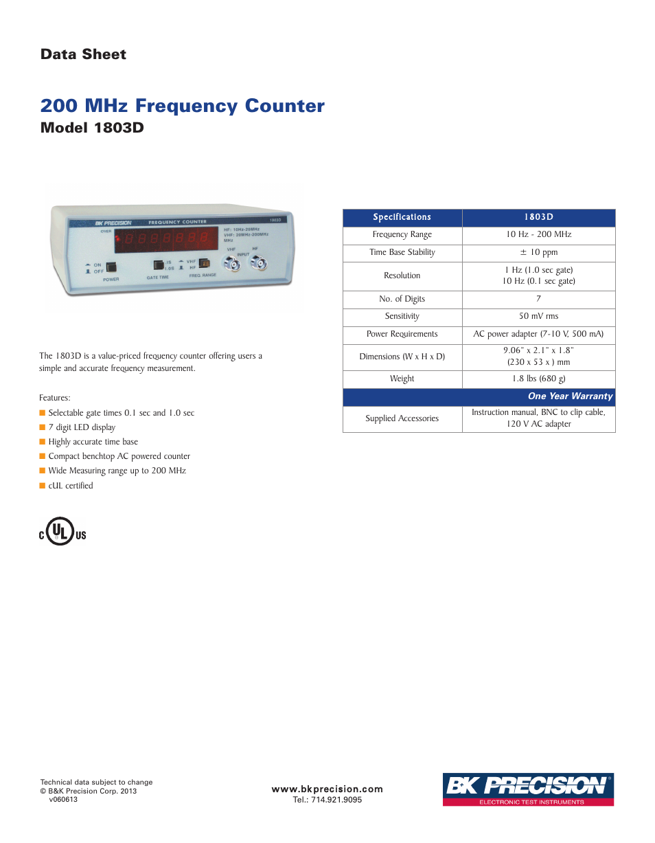 B&K Precision 1803D - Datasheet User Manual | 1 page