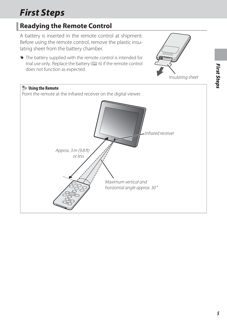 First steps, Readying the remote control | FujiFilm FinePix Real 3D V3 User Manual | Page 11 / 36