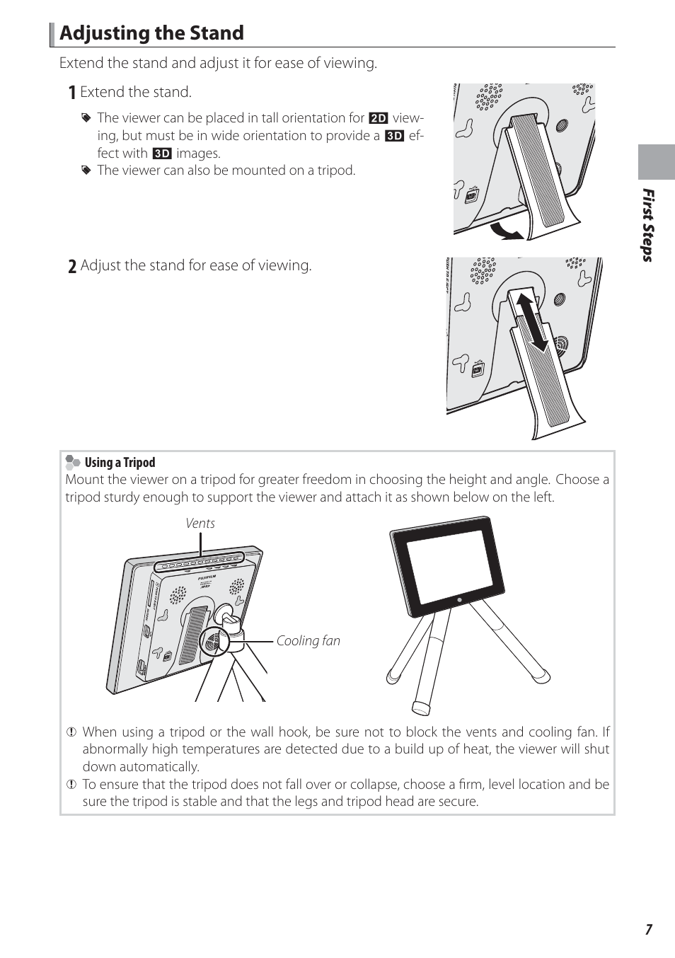 Adjusting the stand | FujiFilm FinePix Real 3D V3 User Manual | Page 13 / 36