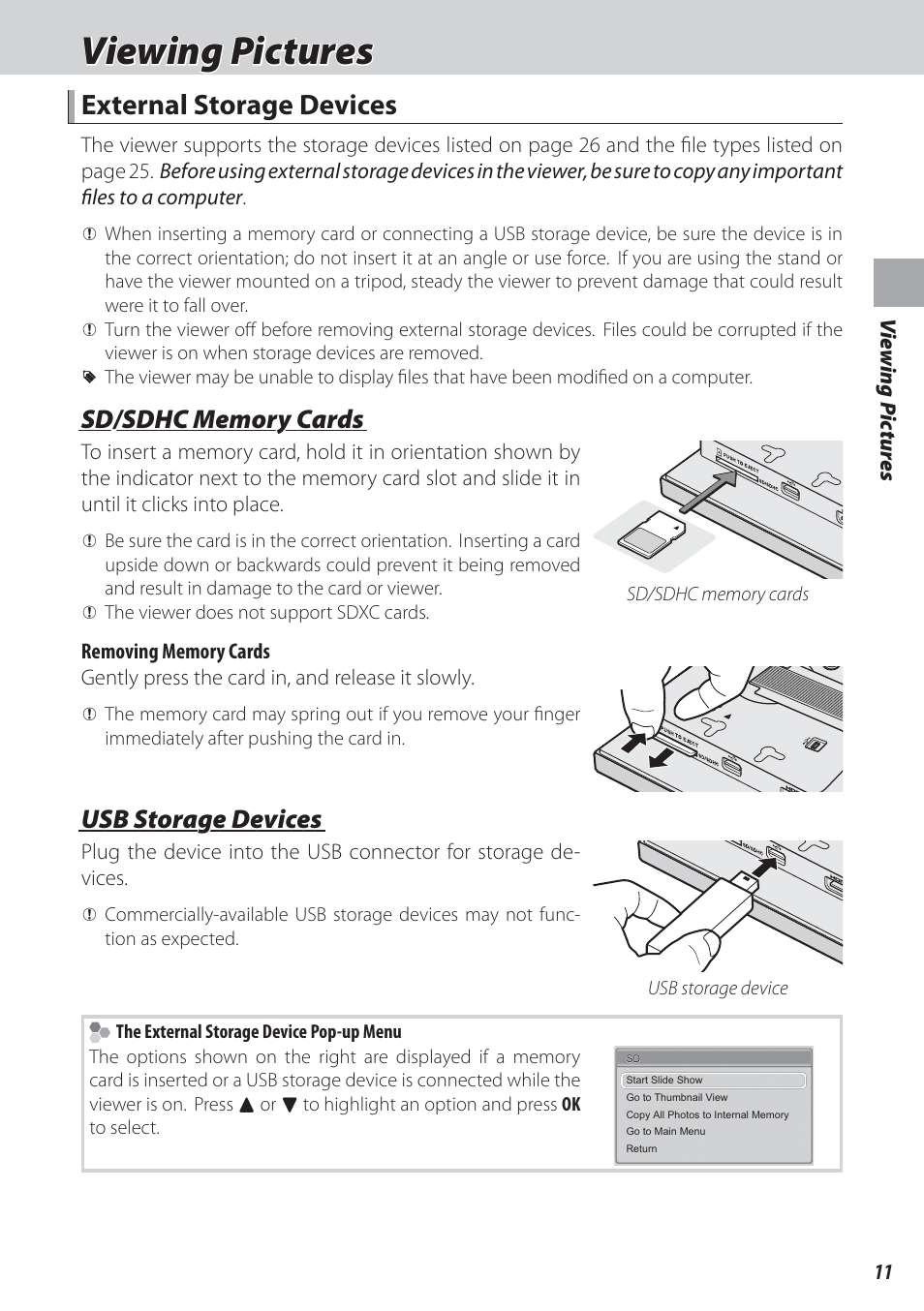 Viewing pictures, External storage devices, Usb storage devices | FujiFilm FinePix Real 3D V3 User Manual | Page 17 / 36