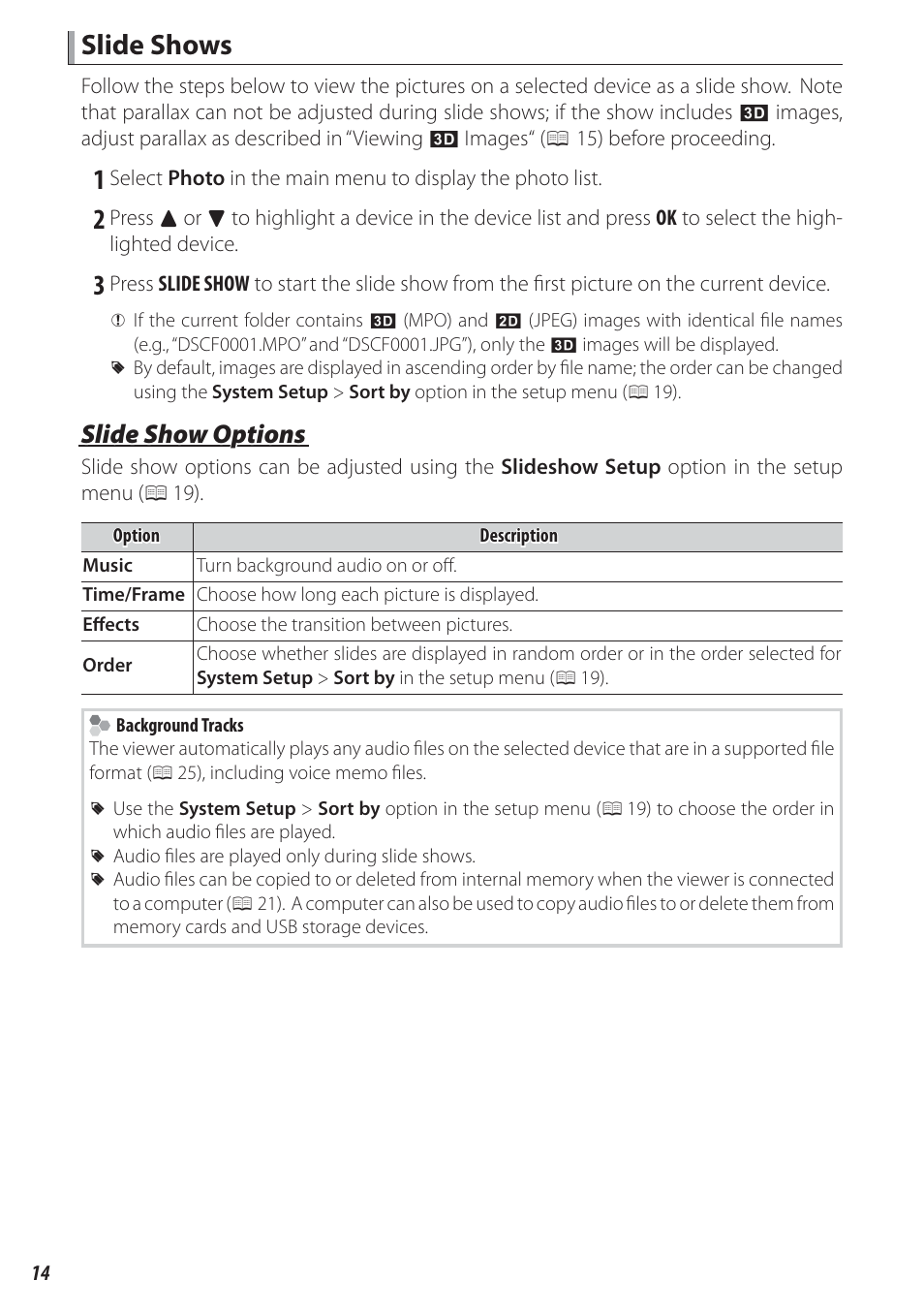 Slide shows, Slide show options | FujiFilm FinePix Real 3D V3 User Manual | Page 20 / 36