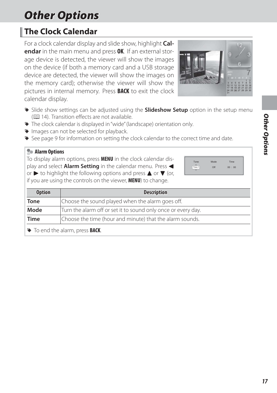 Other options, The clock calendar, 17 o ther options | FujiFilm FinePix Real 3D V3 User Manual | Page 23 / 36