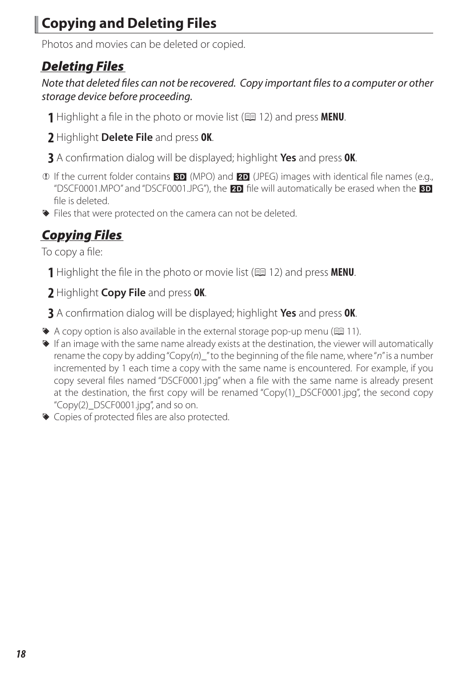 Copying and deleting files, Deleting files, Copying files | FujiFilm FinePix Real 3D V3 User Manual | Page 24 / 36