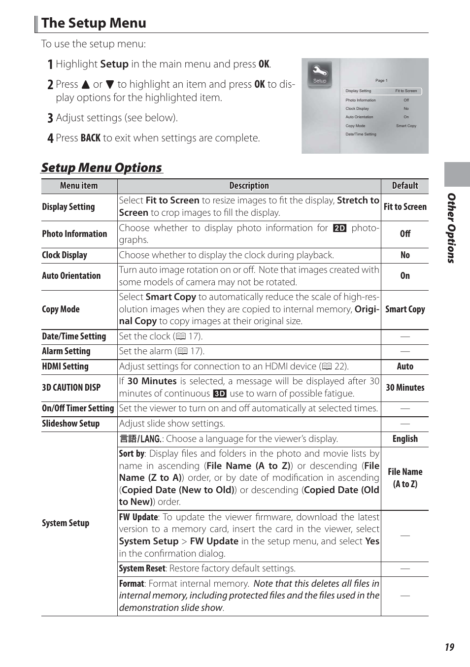 The setup menu, Setup menu options | FujiFilm FinePix Real 3D V3 User Manual | Page 25 / 36