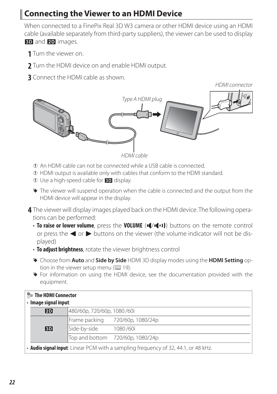 Connecting the viewer to an hdmi device | FujiFilm FinePix Real 3D V3 User Manual | Page 28 / 36